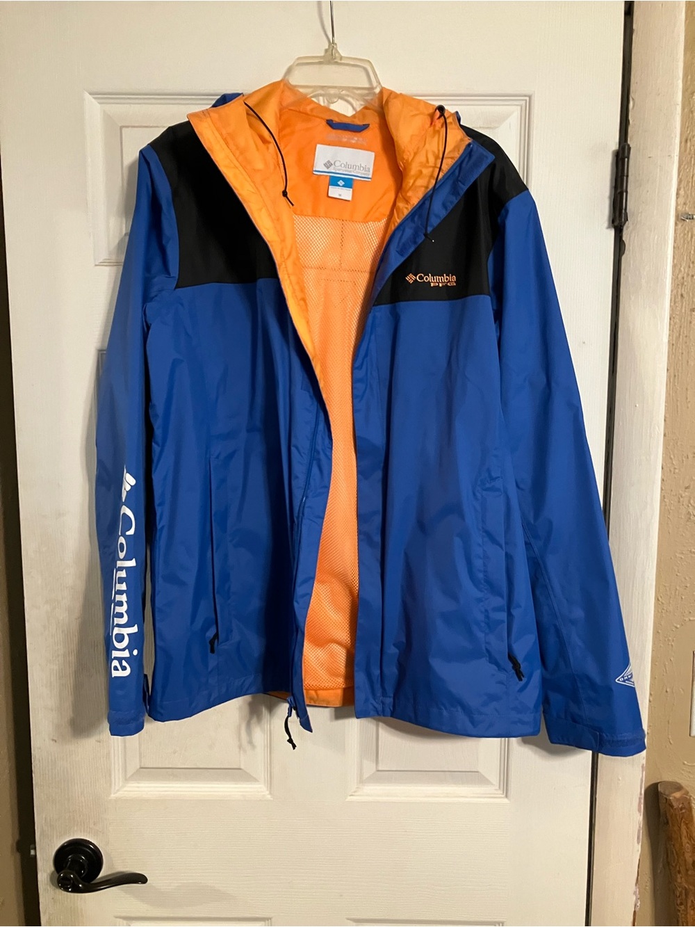 Columbia Royal Blue, Orange Hooded, PFG Omnitech Waterproof Jacket - Size Medium